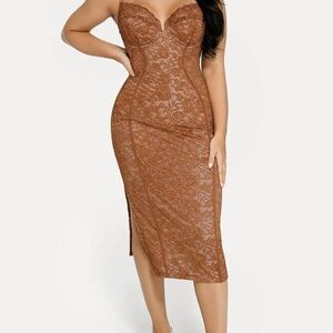 Elegant Brown Lace Midi Dress